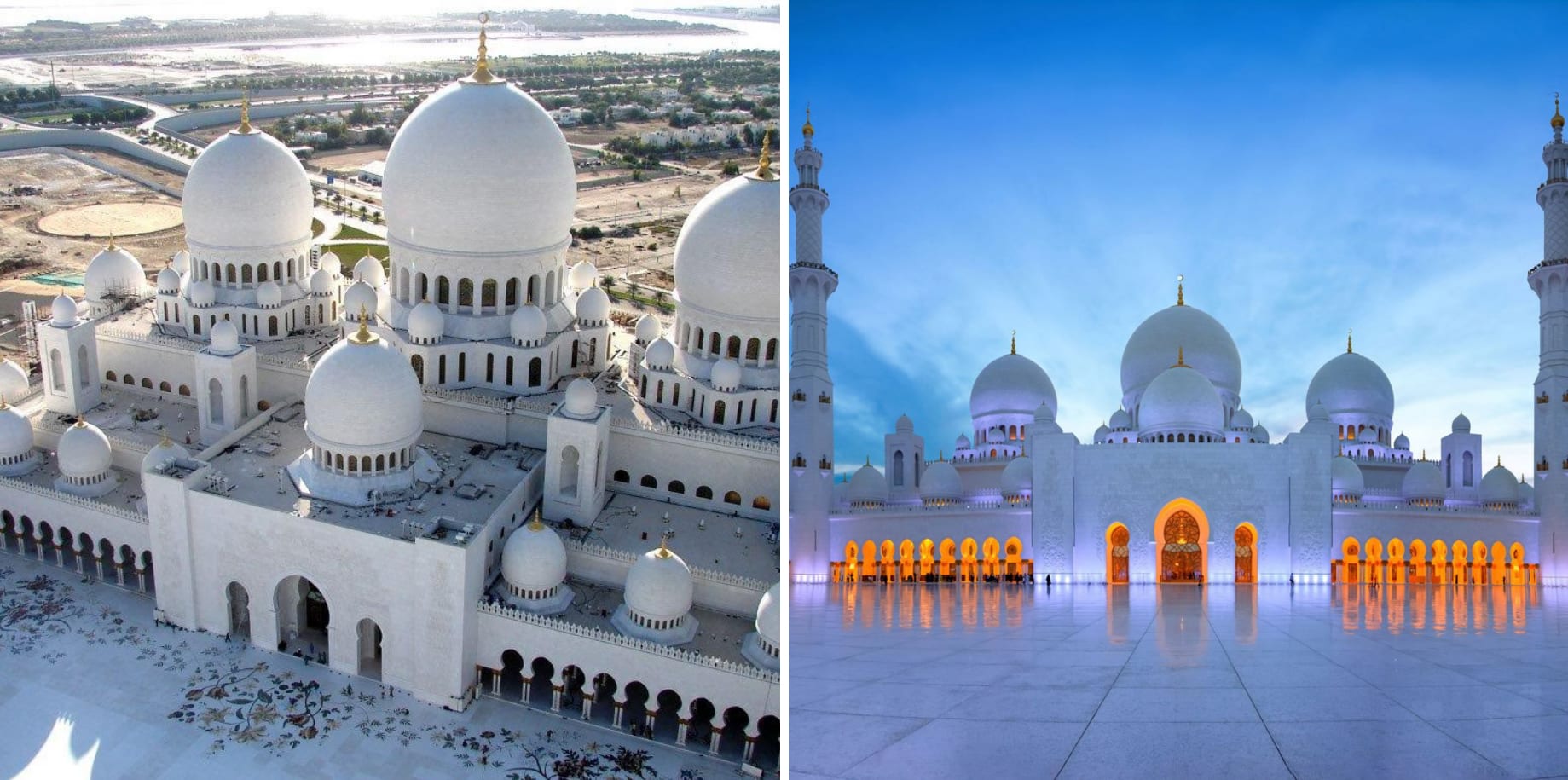 Birds-eye and frontal view of the Sheikh Zayed Grand Mosque 