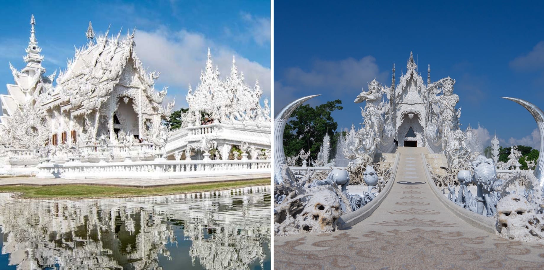 Side-on and frontal view of the Wat Rong Khun Temple in Thailand