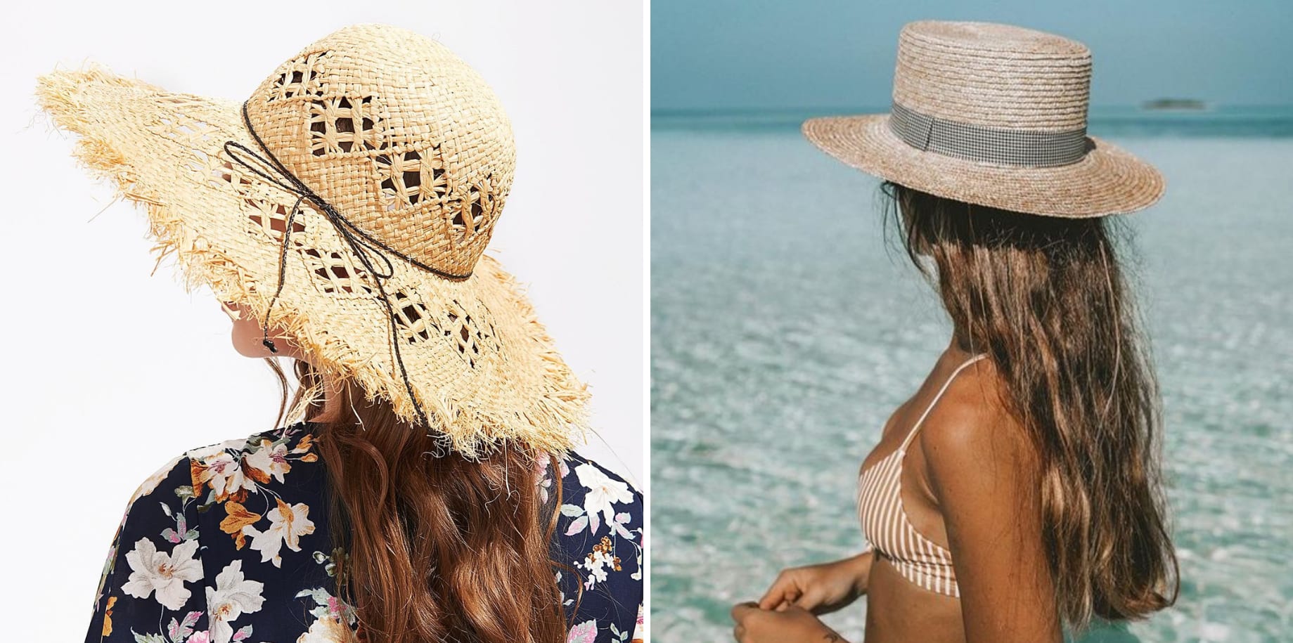 Two close up shots of girls wearing beach hats