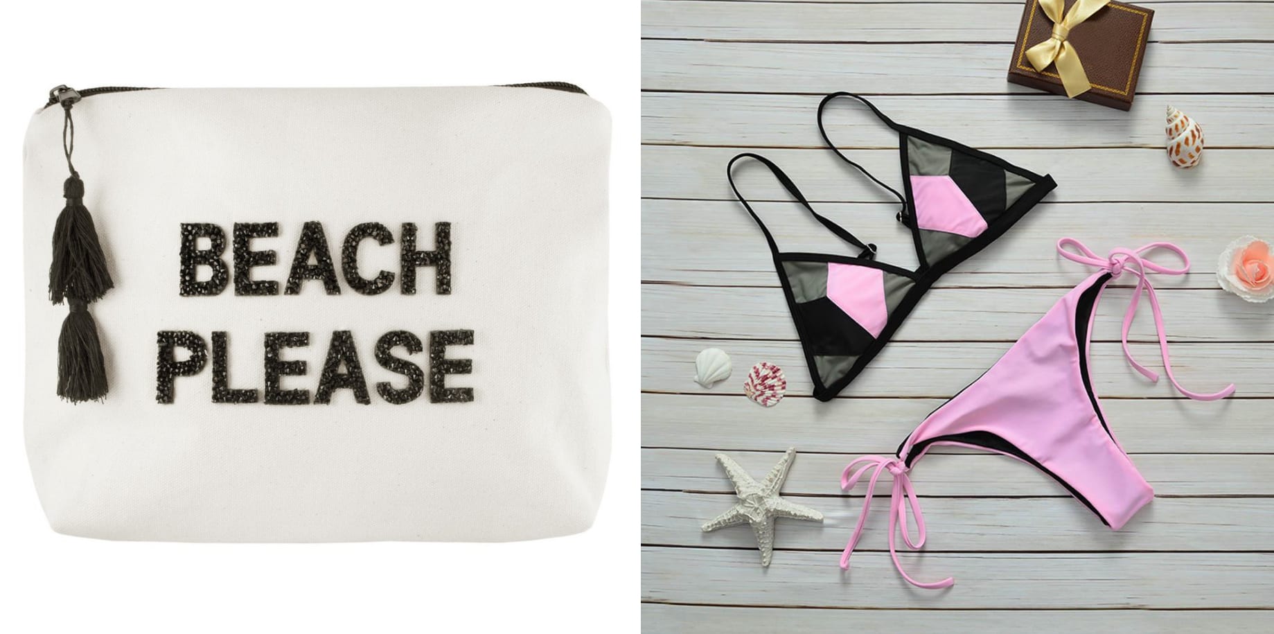 Image of a pink bikini and a bikini bag